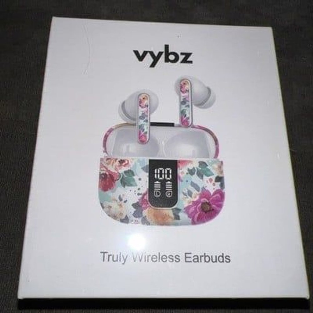 VYBZ True Wireless TWS In-Ear Earbuds with Charging Case LED Display Floral NIB